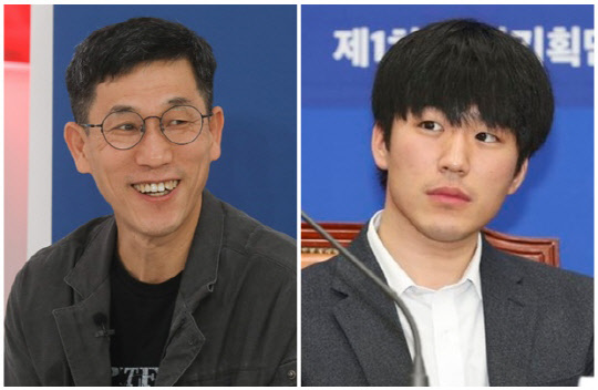 진중권(왼쪽) 전 동양대학교 교수와 황희두 민주연구원 이사. 연합뉴스